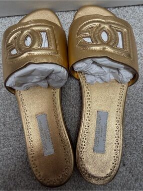 Dolce & Gabbana Metallic Gold Logo Slide Sandals